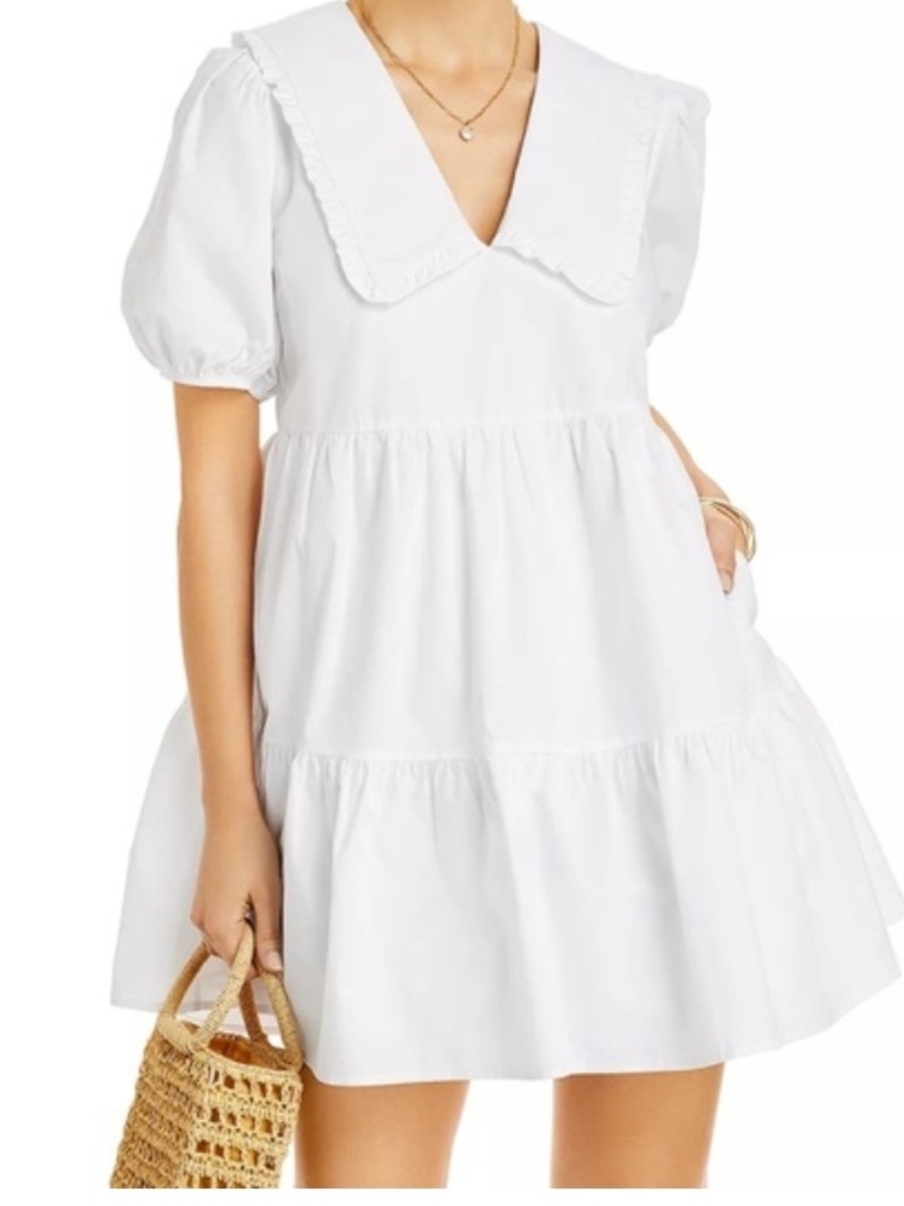 Large White Cotton Tiered Dress with Peter Pan Collar